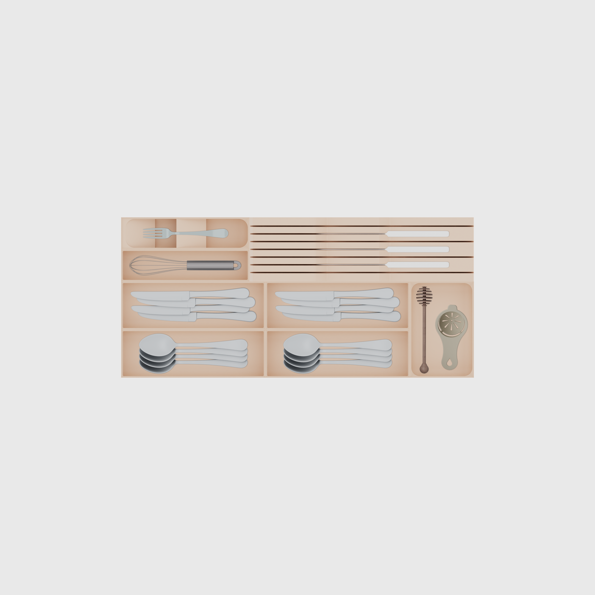 Shallow Wide Cutlery & Chef Knives Drawer Organiser Set – 649 × 295 mm in Army Beige, shown with a dessert fork, a whisk, 3 kitchen knives and other small items. Top view.