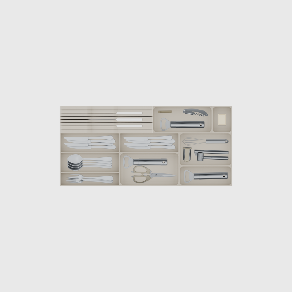 Shallow Wide Cutlery & Knife Drawer Organiser Set – 767 × 354 mm in Muted White, shown with 3 kitchen knives, a serving spoon, a matchbox and other small items. Top view.