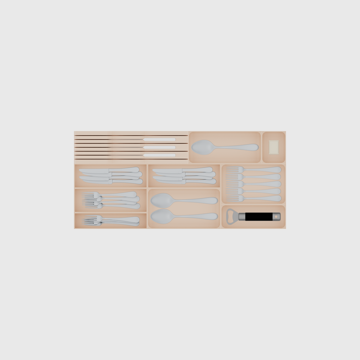 Shallow Wide Cutlery & Knife Drawer Organiser Set – 767 × 354 mm in Army Beige, shown with 3 kitchen knives, a serving spoon, a matchbox and other small items. Top view.