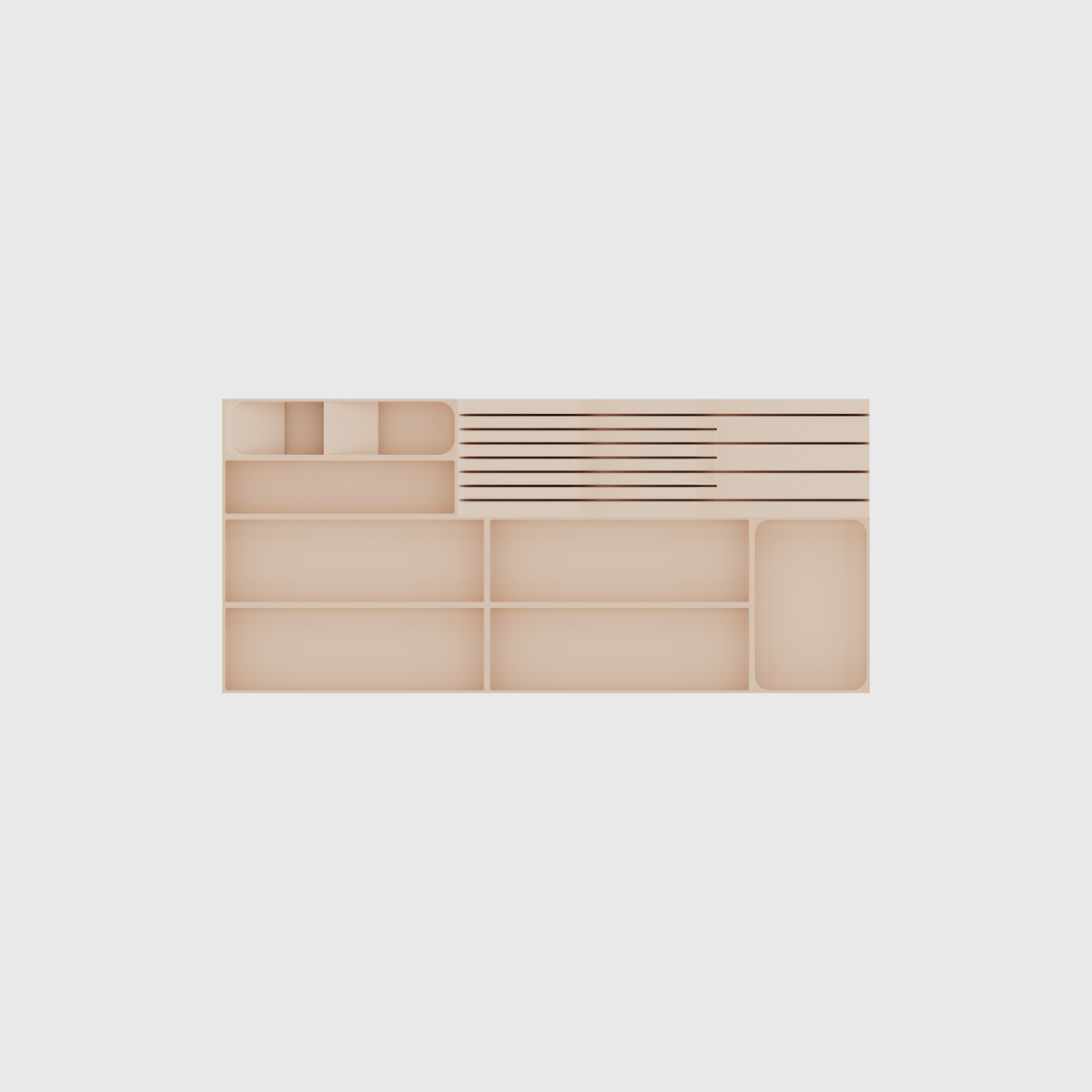 Shallow Wide Cutlery & Chef Knives Drawer Organiser Set – 649 × 295 mm in Army Beige, empty organiser layout.