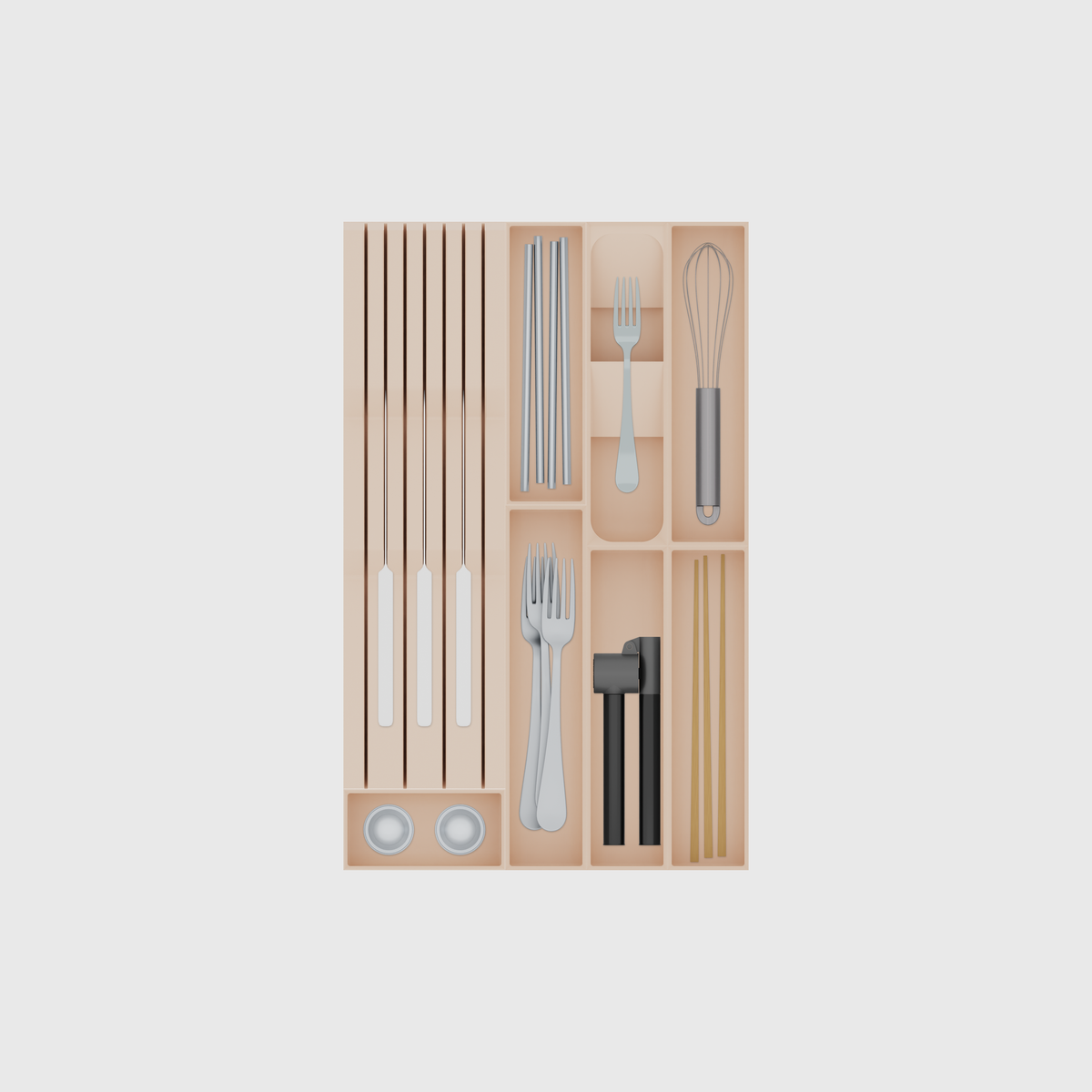 Slim Cutlery & Chef’s Knives Organiser – 472×295mm in Army Beige, shown with 3 kitchen knives, coffee capsules, metal drinking straws and other small items. Top view.
