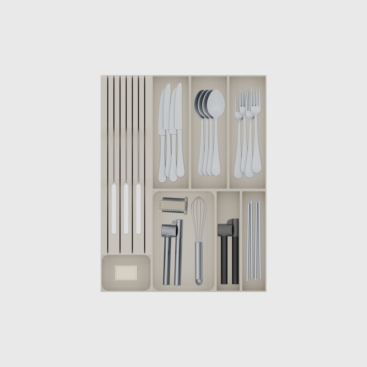 Slim Deep Cutlery & Chef Knife Drawer Organiser Set – 383.5 × 501.5 mm in Muted White, shown with 3 kitchen knives, 4 dinner knives, 4 soup spoons and other small items. Top view.