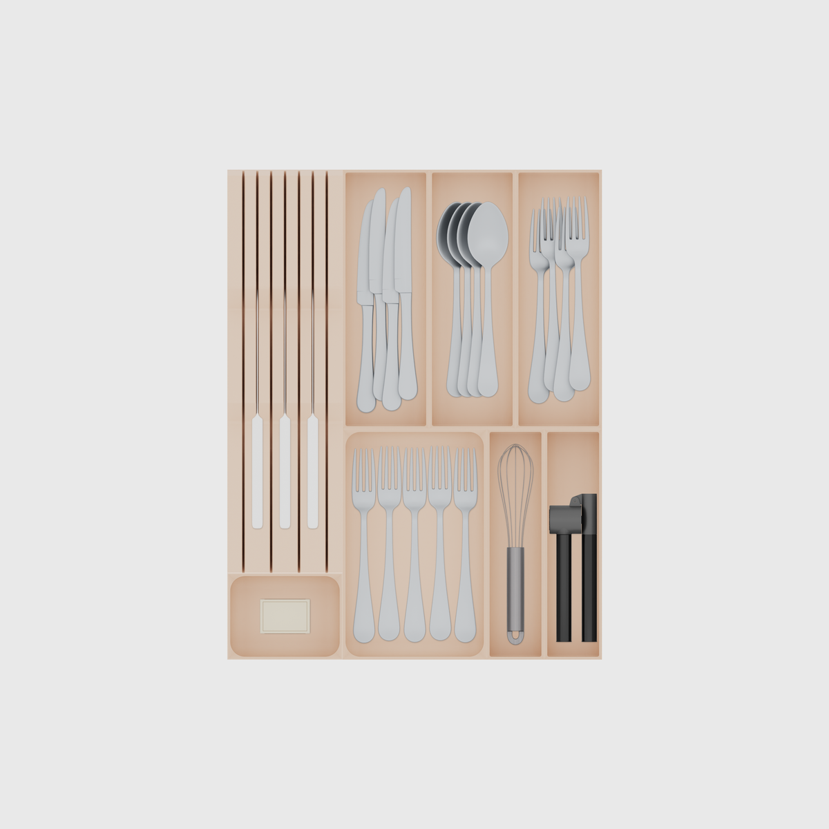 Slim Deep Cutlery & Chef Knife Drawer Organiser Set – 383.5 × 501.5 mm in Army Beige, shown with 3 kitchen knives, 4 dinner knives, 4 soup spoons and other small items. Top view.