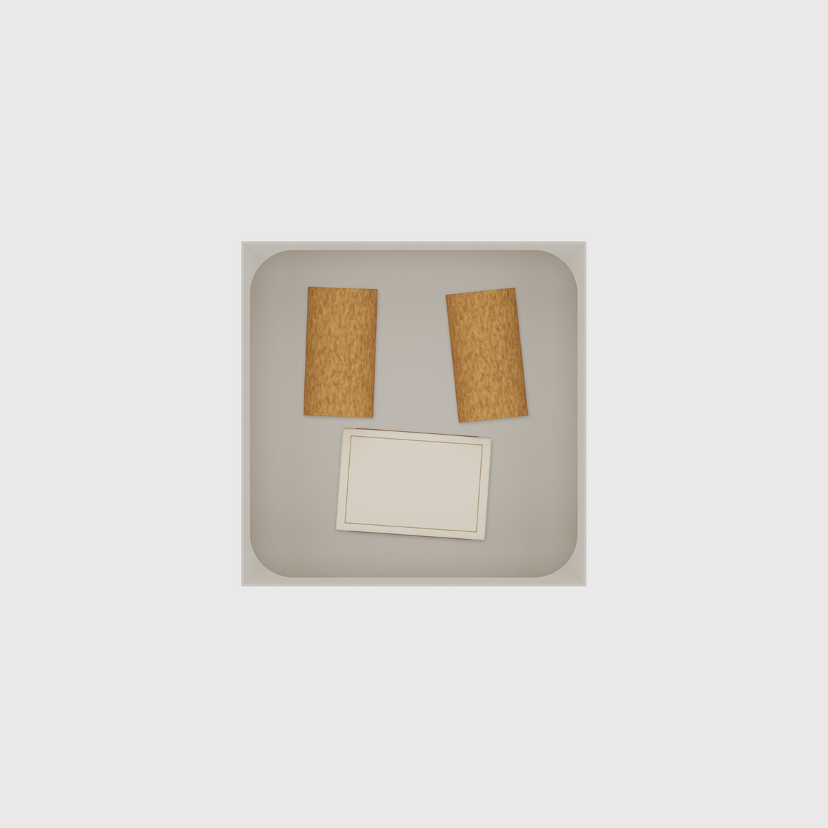 Small tray organiser – 4×4 (118 × 118 mm) in Muted White, shown with a matchbox and 2 wine corks. Top view.