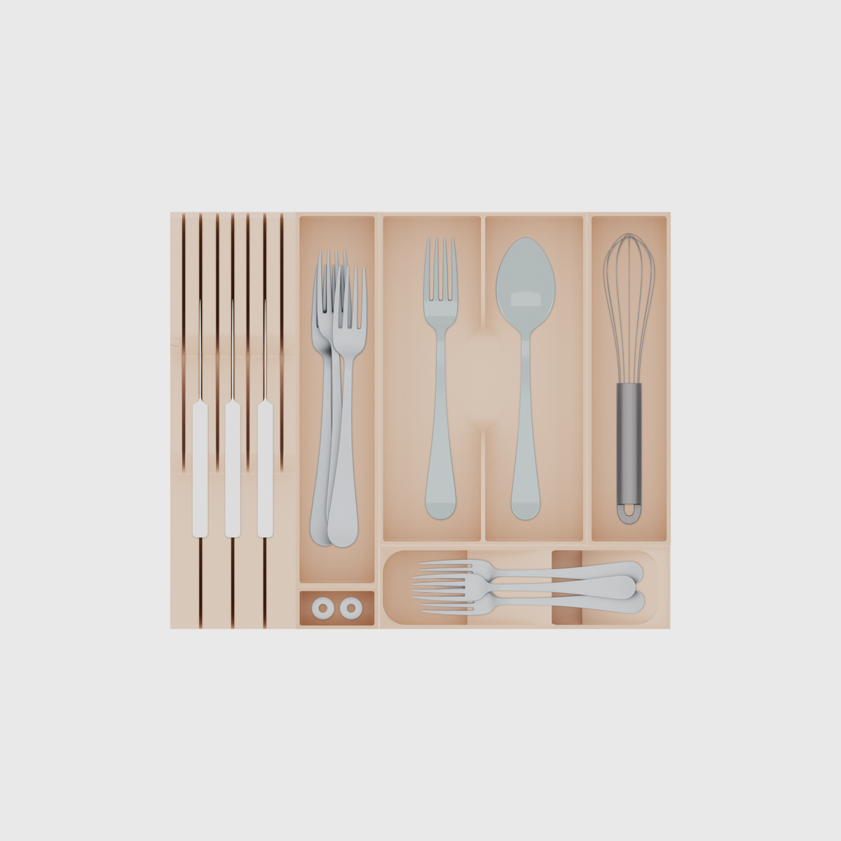 Modulaire lade-organiserset – 295 × 354 mm. Kleur: Legerbeige. Voorbeeldinhoud: keukenmessen en dessertvorken en een tafelvork en andere kleine voorwerpen. Bovenaanzicht.