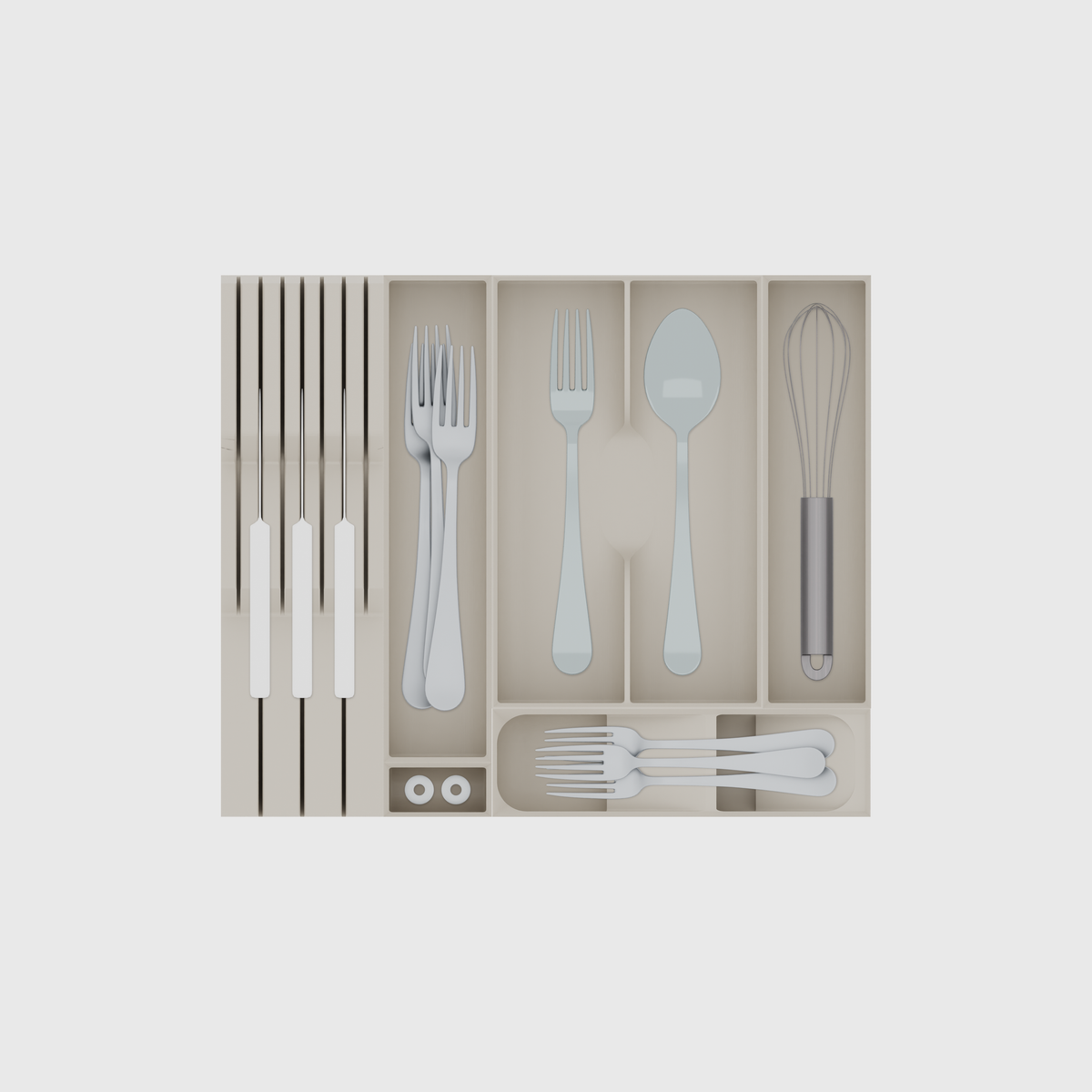Space-Saving Cutlery Organiser & Knife Block – 295×354mm in Muted White, shown with 3 kitchen knives, 3 dinner forks, small metal washers and other small items. Top view.