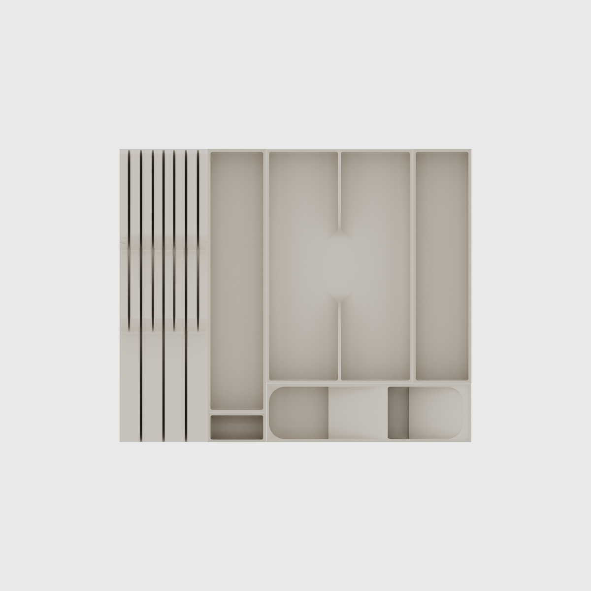 Space-Saving Cutlery Organiser & Knife Block – 295x354mm in Muted White, empty organiser layout.