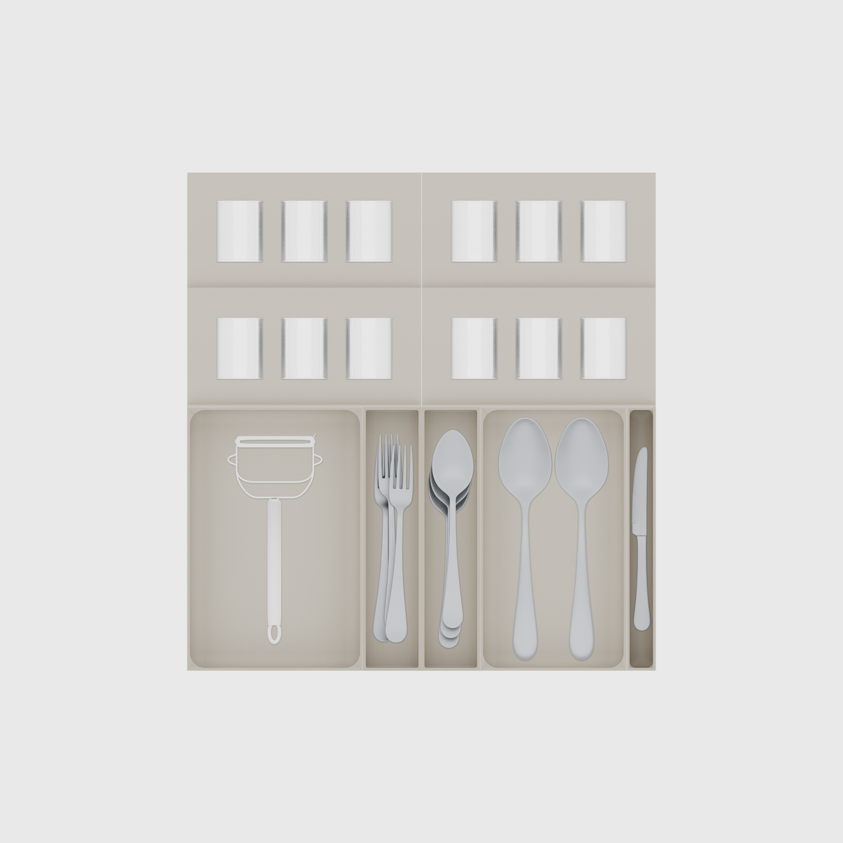 Spice & Cutlery Drawer Organiser Set – 472 × 501.5 mm in Muted White, shown with 3 round metal tins, a vegetable peeler, 3 dinner forks and other small items. Top view.