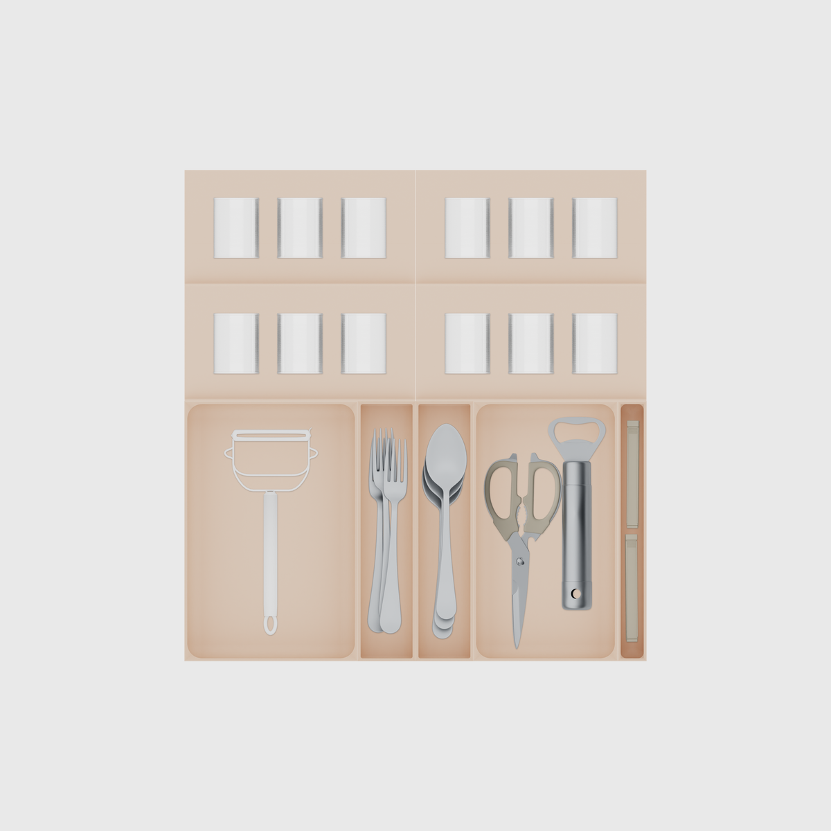 Spice & Cutlery Drawer Organiser Set – 472 × 501.5 mm in Army Beige, shown with 3 round metal tins, a vegetable peeler, 3 dinner forks and other small items. Top view.