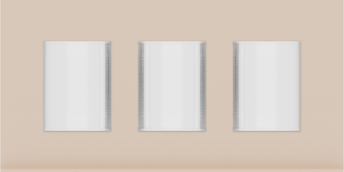 Spice rack organiser – 4×8 (118 × 236 mm) in Army Beige, shown with 3 round metal tins. Top view.