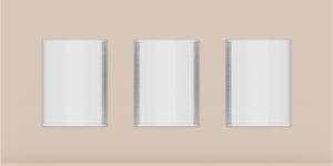 Spice rack organiser – 4×8 (118 × 236 mm) in Army Beige, shown with 3 round metal tins. Top view.