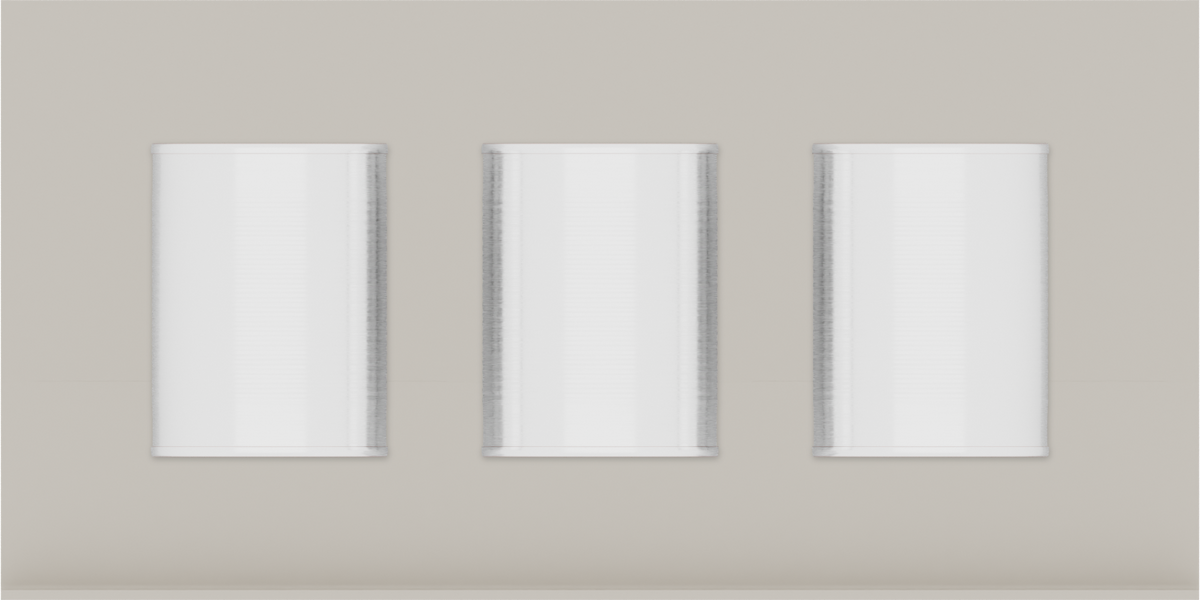Spice rack organiser – 4×8 (118 × 236 mm) in Muted White, shown with 3 round metal tins. Top view.