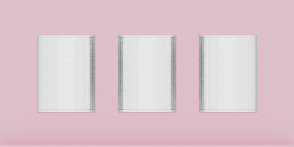 Spice rack organiser – 4×8 (118 × 236 mm) in Sakura Pink, shown with 3 round metal tins. Top view.