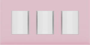 Spice rack organiser – 4×8 (118 × 236 mm) in Sakura Pink, shown with 3 round metal tins. Top view.