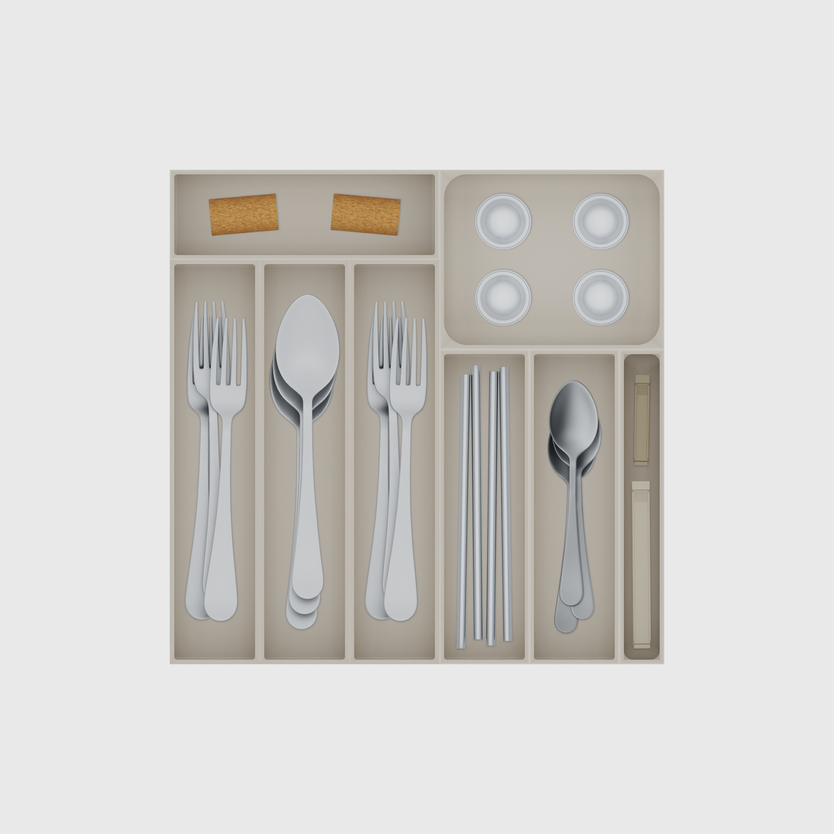 Square Kitchen Drawer Organiser Set – 324.5 × 324.5 mm in Muted White, shown with wine corks, coffee capsules, 3 dinner forks and other small items. Top view.