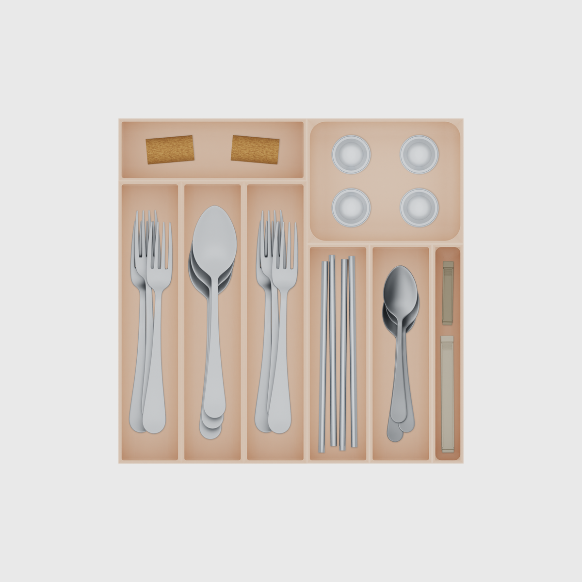 Square Kitchen Drawer Organiser Set – 324.5 × 324.5 mm in Army Beige, shown with wine corks, coffee capsules, 3 dinner forks and other small items. Top view.