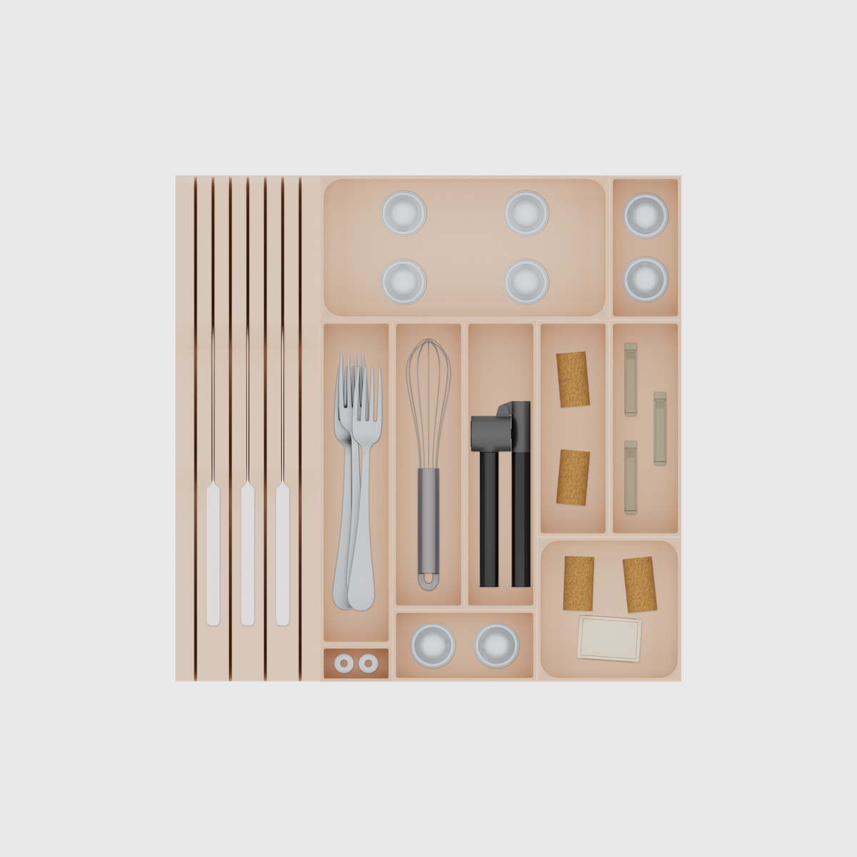 Modulaire lade-organiserset – 413 × 413 mm. Kleur: Legerbeige. Voorbeeldinhoud: afsluitclips en keukenmessen en koffiecapsules en andere kleine voorwerpen. Bovenaanzicht.