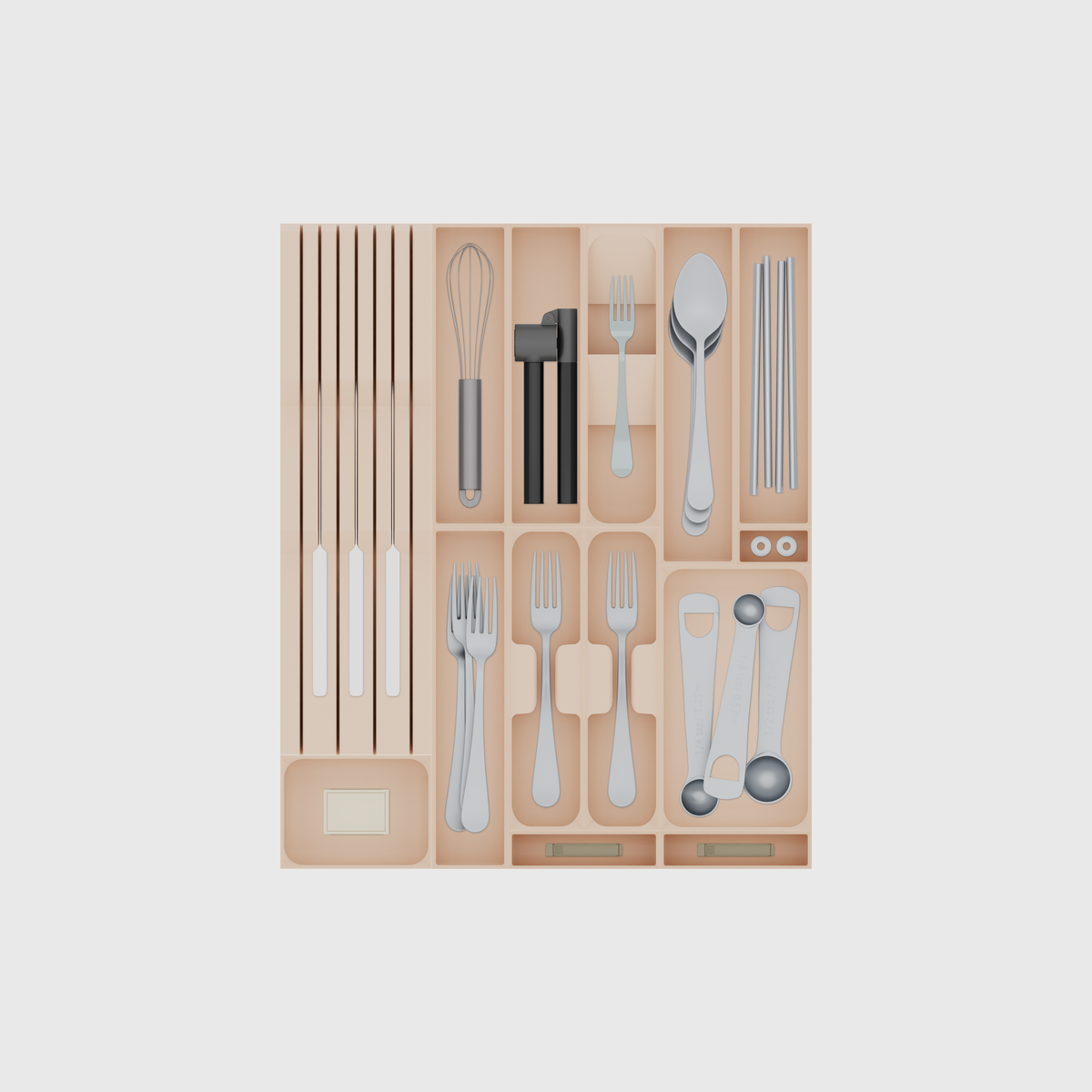 Modulares Schubladenorganizer-Set – 501,5 × 413 mm. Farbe: Armeebeige. Beispielinhalt: Verschlussclip und Küchenmesser und Streichholzschachtel und weitere kleine Gegenstände. Draufsicht.