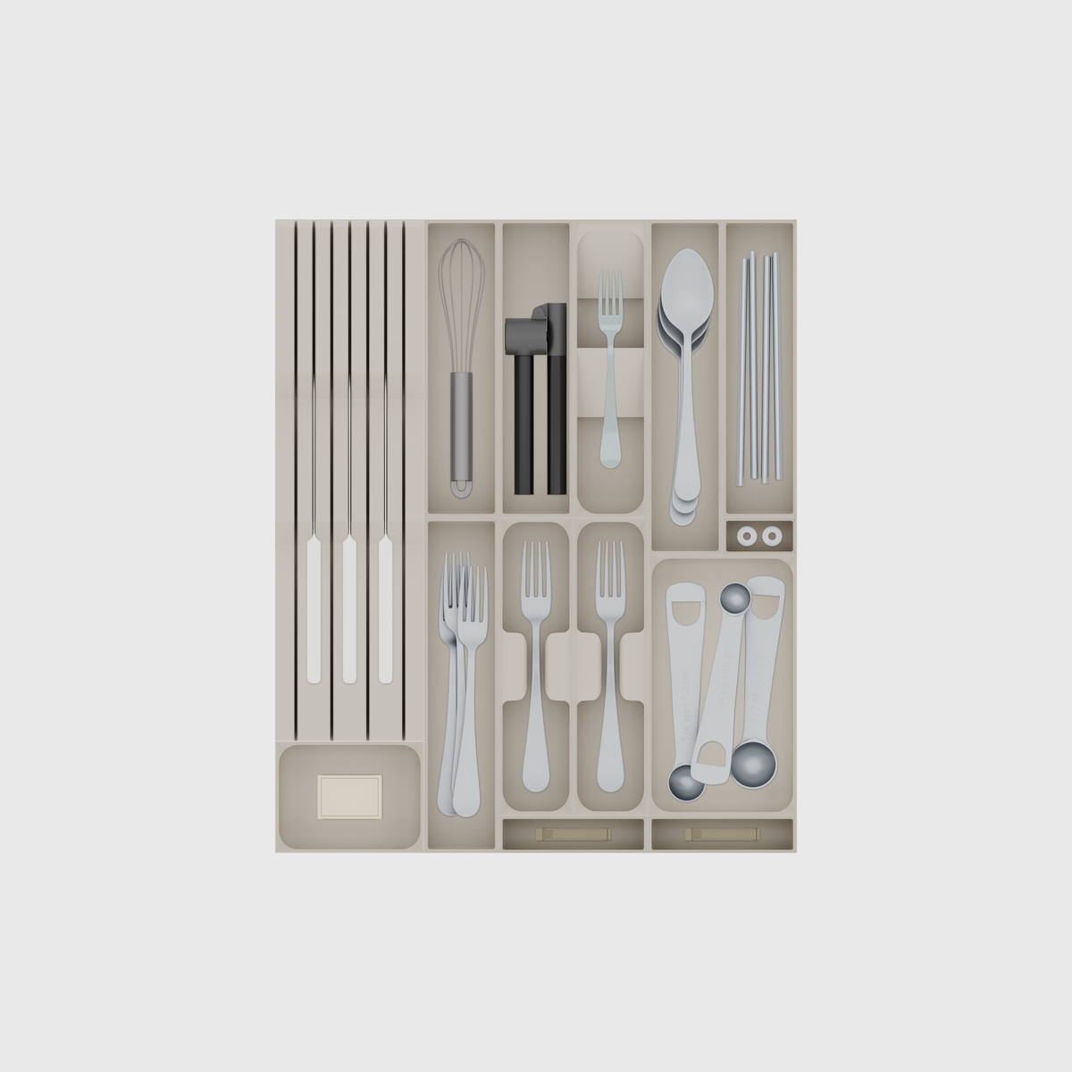 Ultimate Kitchen Essentials Organiser – 501.5×413mm in Muted White, shown with 3 kitchen knives, a matchbox, a whisk and other small items. Top view.