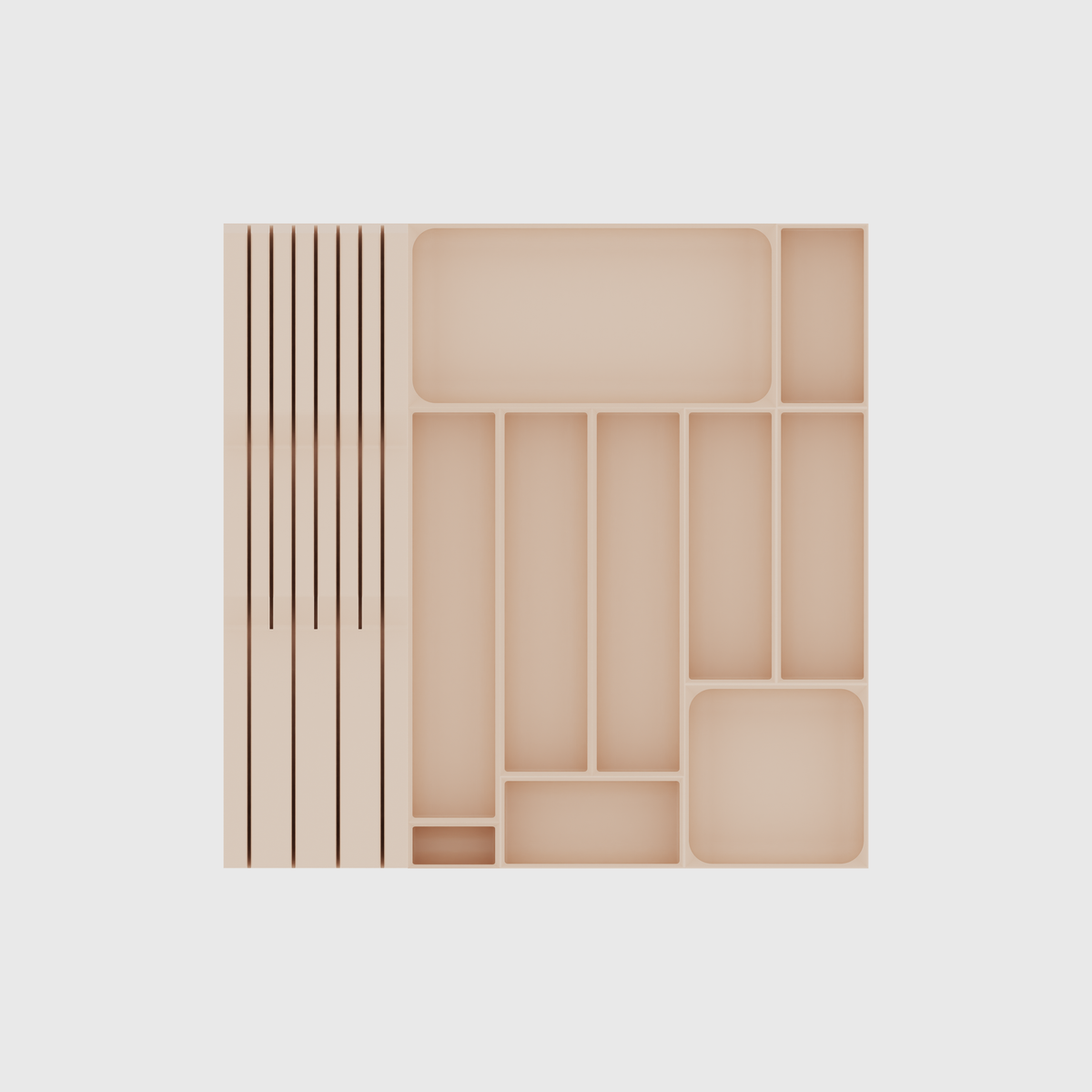 Ultimate Dinner Cutlery & Chef’s Knife Organiser –  413x413mm in Army Beige, empty organiser layout.