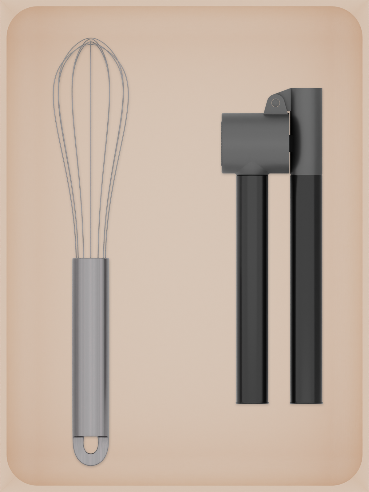 Large tray organiser – 8×6 (236 × 177 mm) in Army Beige, shown with a whisk and a garlic press. Top view.