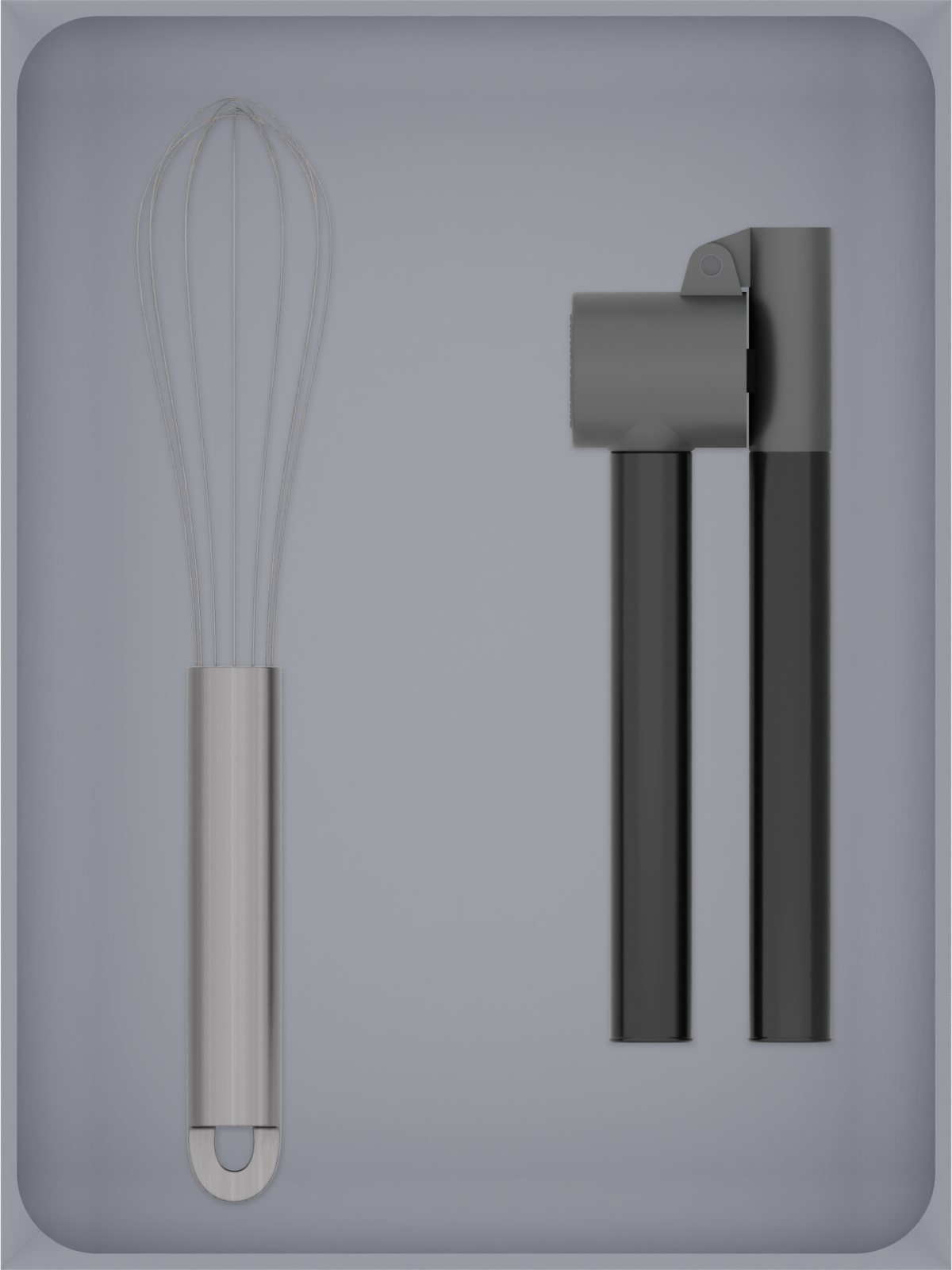 Large tray organiser – 8×6 (236 × 177 mm) in Fossil Grey, shown with a whisk and a garlic press. Top view.