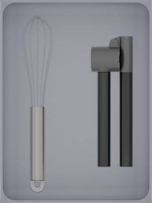 Large tray organiser – 8×6 (236 × 177 mm) in Fossil Grey, shown with a whisk and a garlic press. Top view.