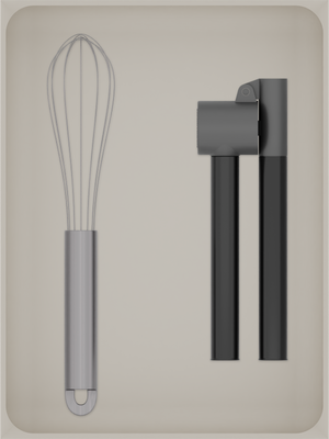 Large tray organiser – 8×6 (236 × 177 mm) in Muted White, shown with a whisk and a garlic press. Top view.