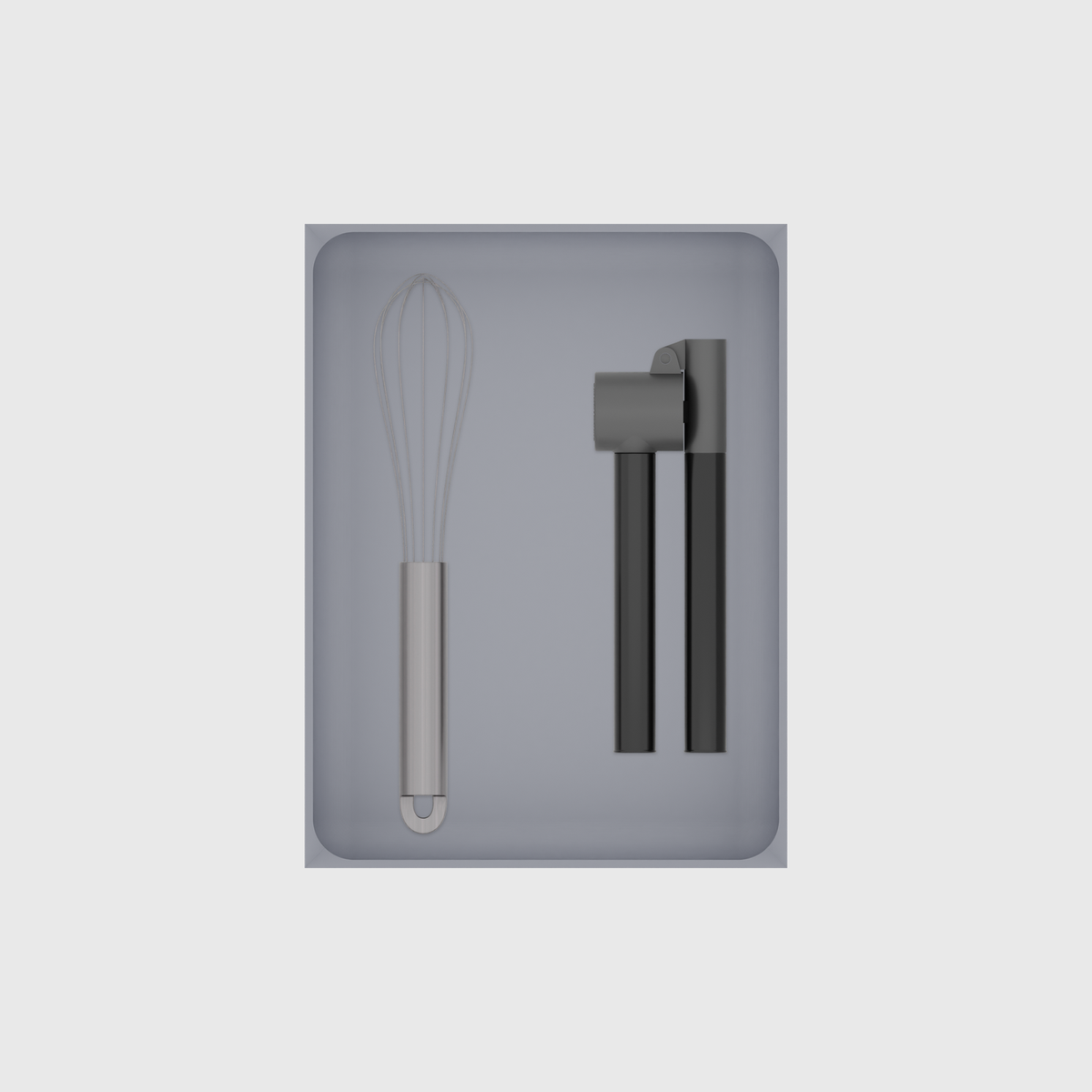 Large tray organiser – 8×6 (236 × 177 mm) in Fossil Grey, shown with a whisk and a garlic press. Top view.