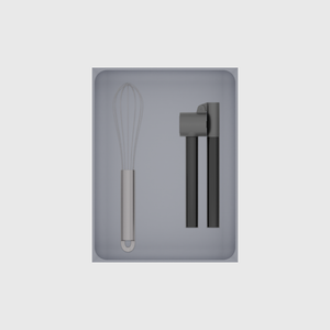 Large tray organiser – 8×6 (236 × 177 mm) in Fossil Grey, shown with a whisk and a garlic press. Top view.