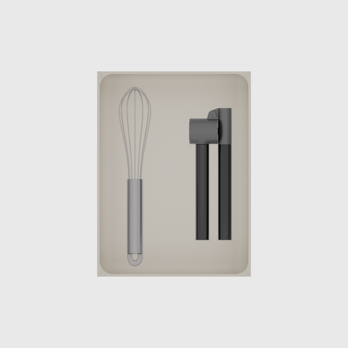 Large tray organiser – 8×6 (236 × 177 mm) in Muted White, shown with a whisk and a garlic press. Top view.