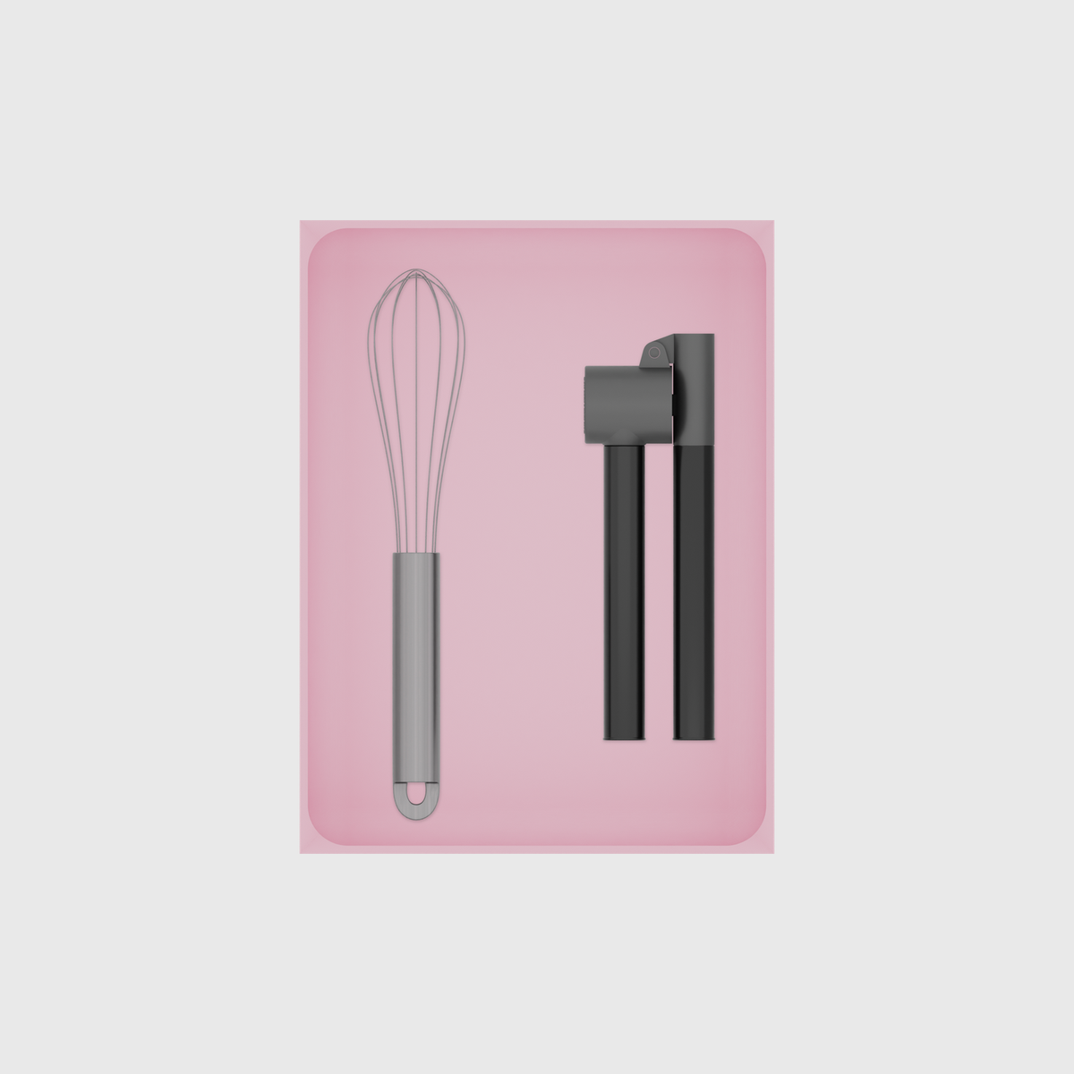 Large tray organiser – 8×6 (236 × 177 mm) in Sakura Pink, shown with a whisk and a garlic press. Top view.