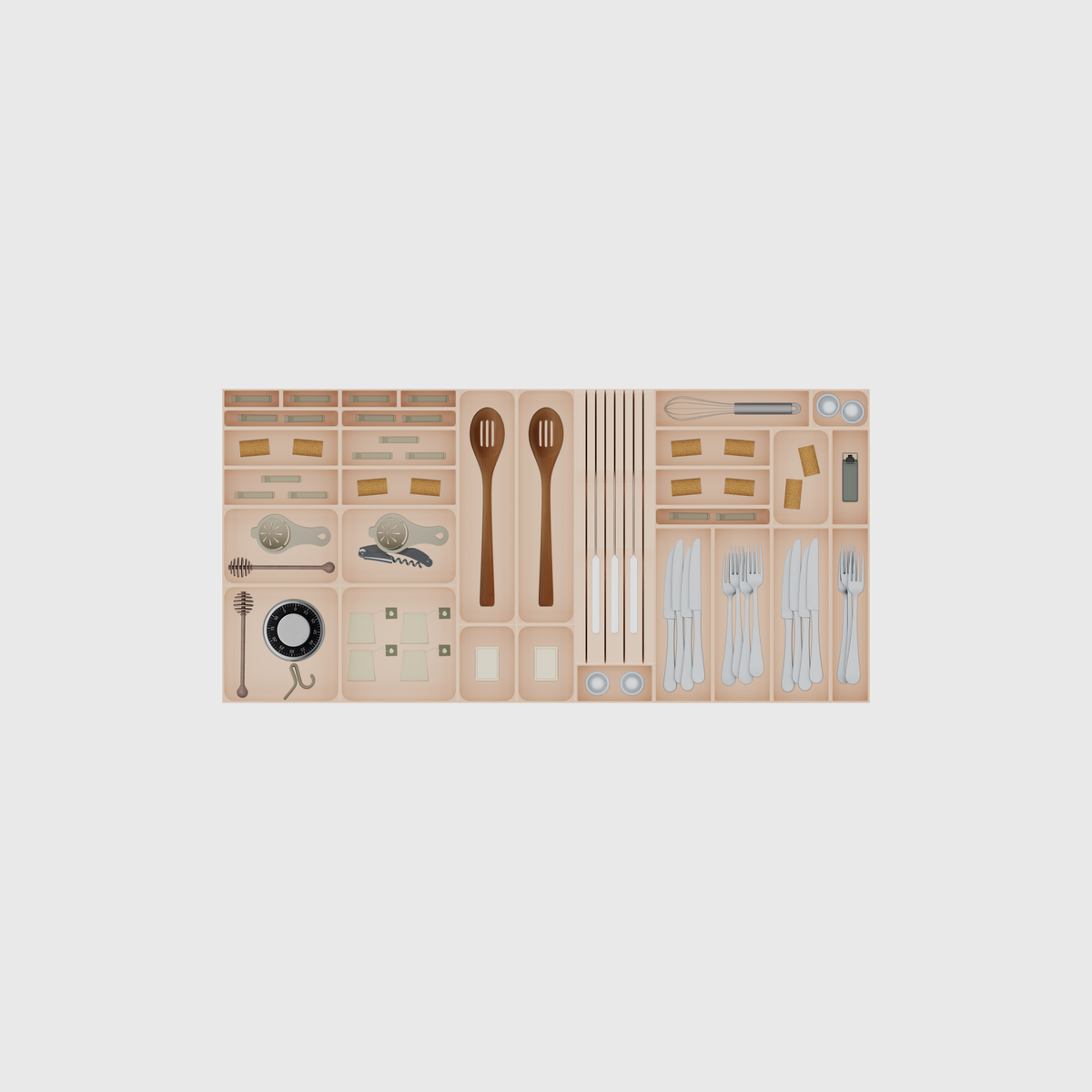 Wide Cutlery & Chef Knives Drawer Organiser Set – 973.5 × 472 mm in Army Beige, shown with a slotted cooking spoon, a matchbox, tea bags and other small items. Top view.