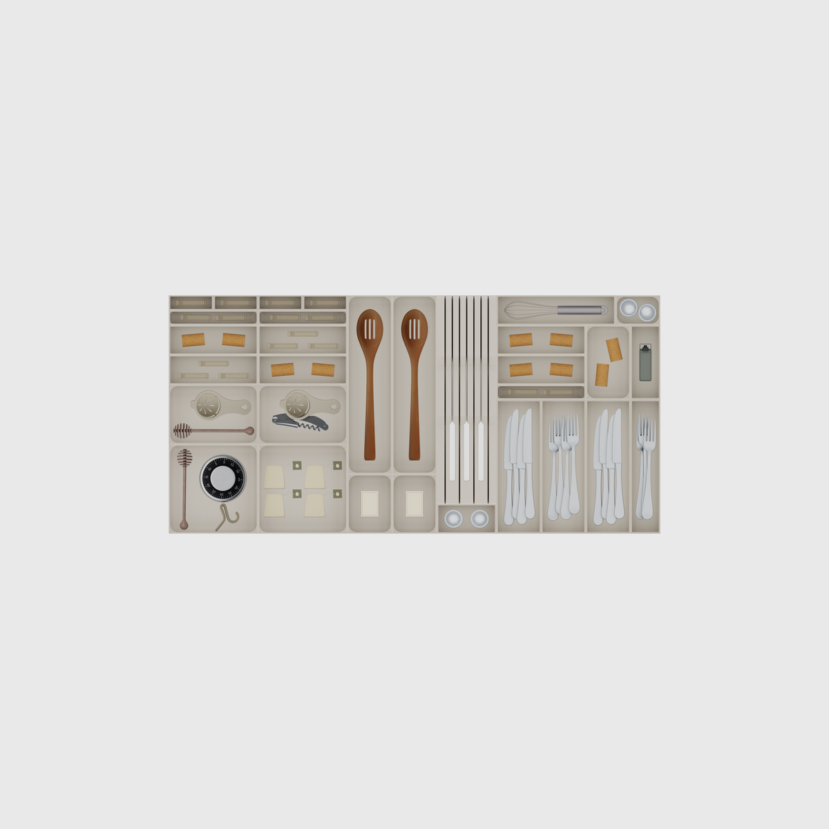 Wide Cutlery & Chef Knives Drawer Organiser Set – 973.5 × 472 mm in Muted White, shown with a slotted cooking spoon, a matchbox, tea bags and other small items. Top view.