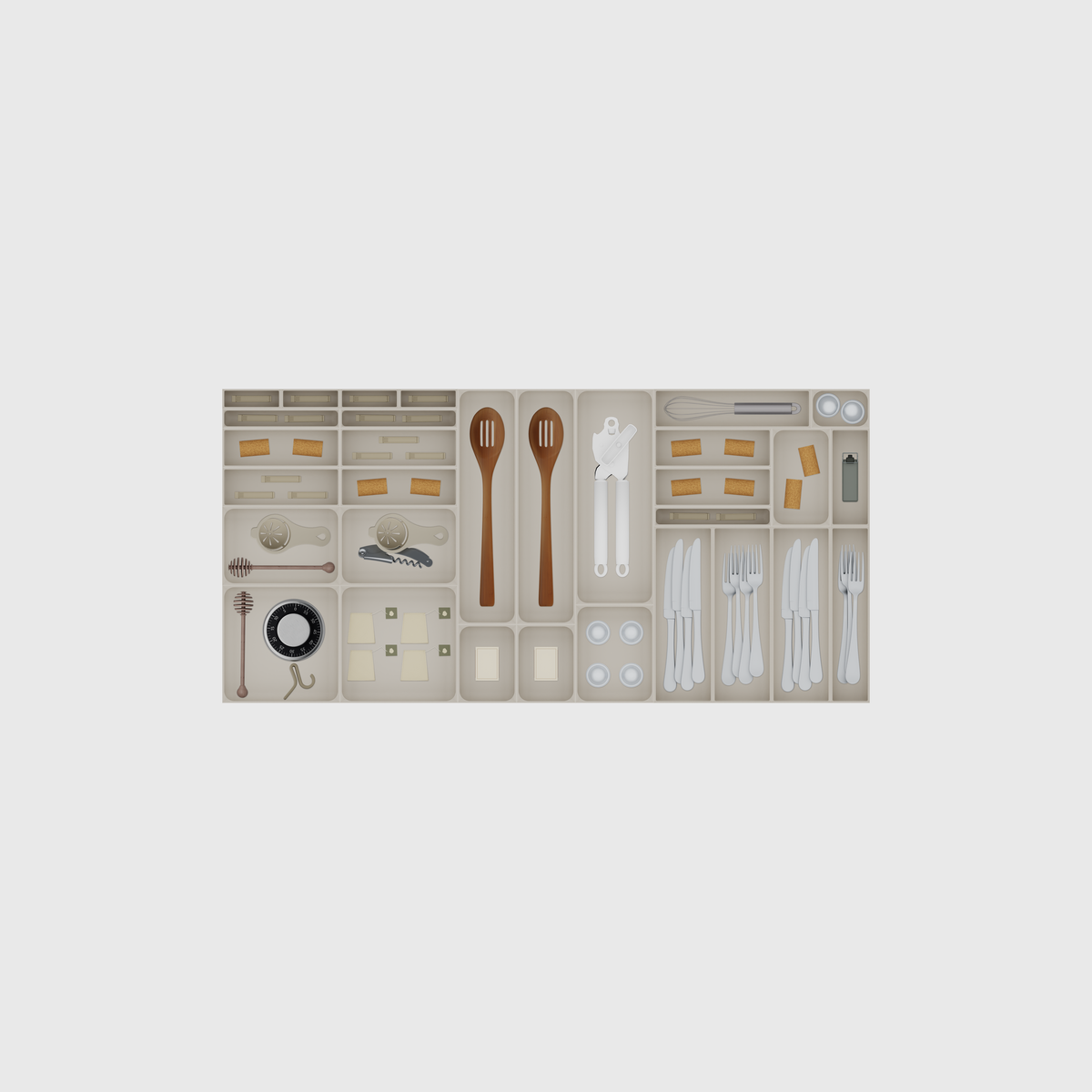Wide Cutlery & Kitchen Tools Drawer Organiser Set – 973.5 × 472 mm in Muted White, shown with a can opener, a slotted cooking spoon, coffee capsules and other small items. Top view.