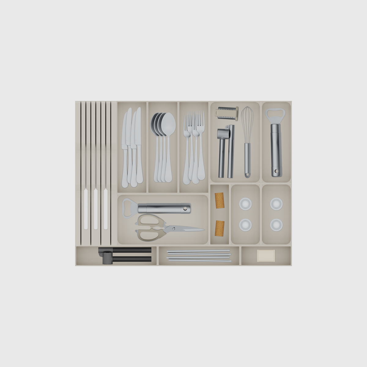 Wide Cutlery & Chef Knife Drawer Organiser Set – 619.5 × 472 mm in Muted White, shown with 3 kitchen knives, 4 dinner knives, 4 soup spoons and other small items. Top view.