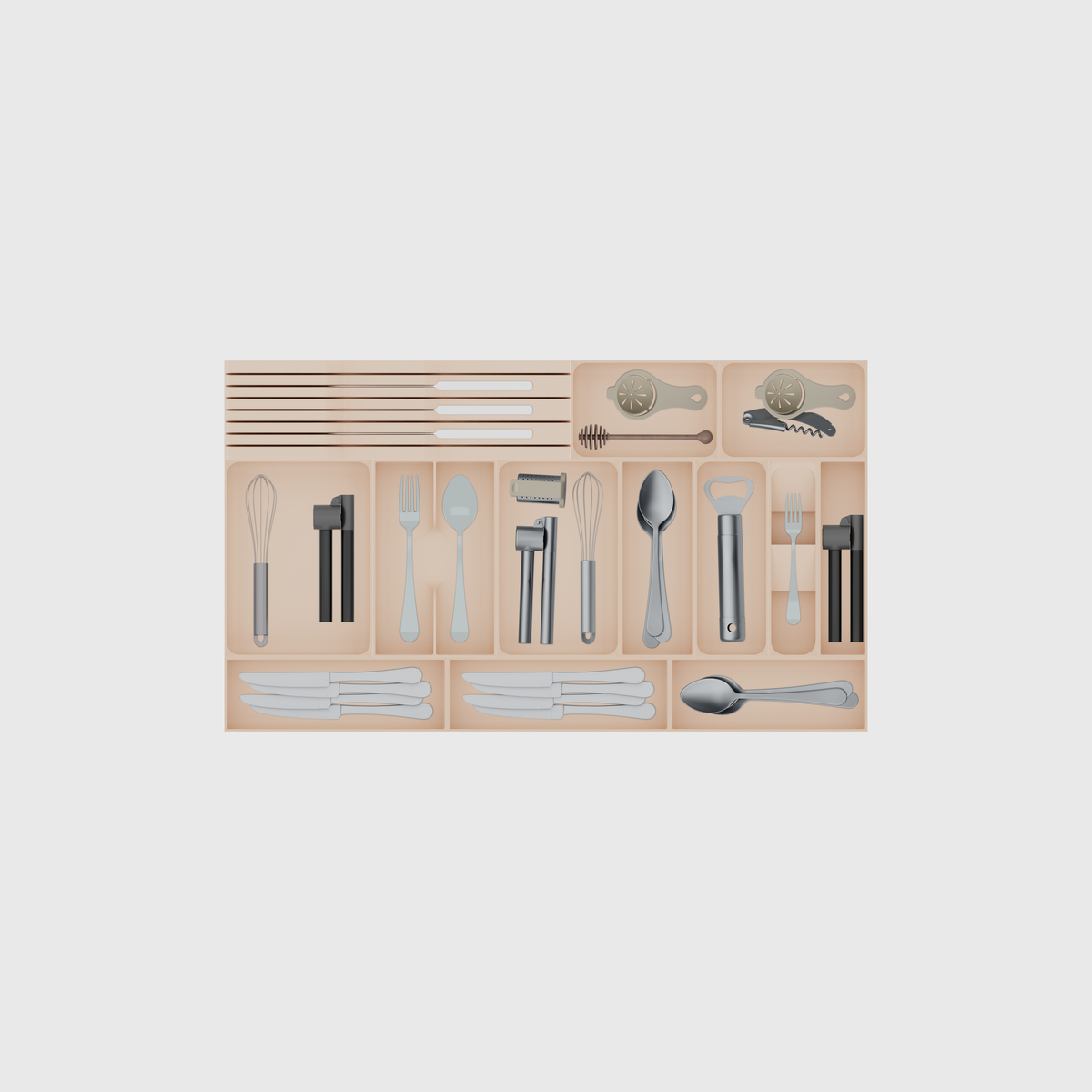 Wide Cutlery, Chef Knives & Kitchen Tools Drawer Organiser Set – 767 × 442.5 mm in Army Beige, shown with 3 kitchen knives, a honey dipper and egg separator, a corkscrew and egg separator and other small items. Top view.