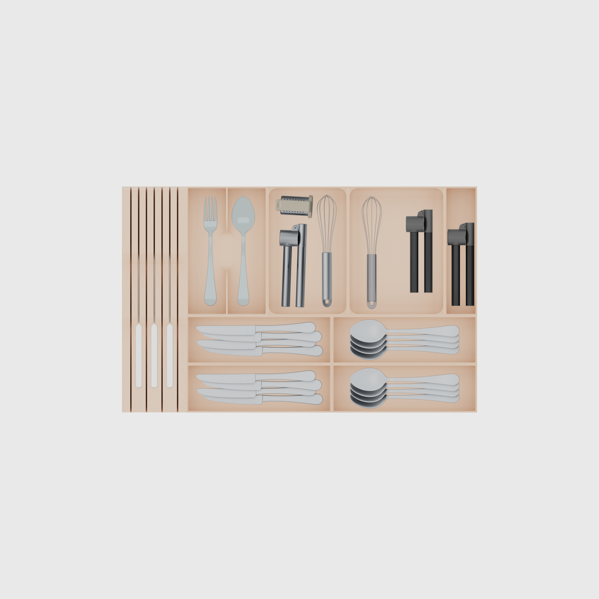 Wide Cutlery & Knife Drawer Organiser Set – 649 × 413 mm in Army Beige, shown with 3 kitchen knives, a dinner fork and a soup spoon, a garlic press, whisk and other kitchen tools and other small items. Top view.