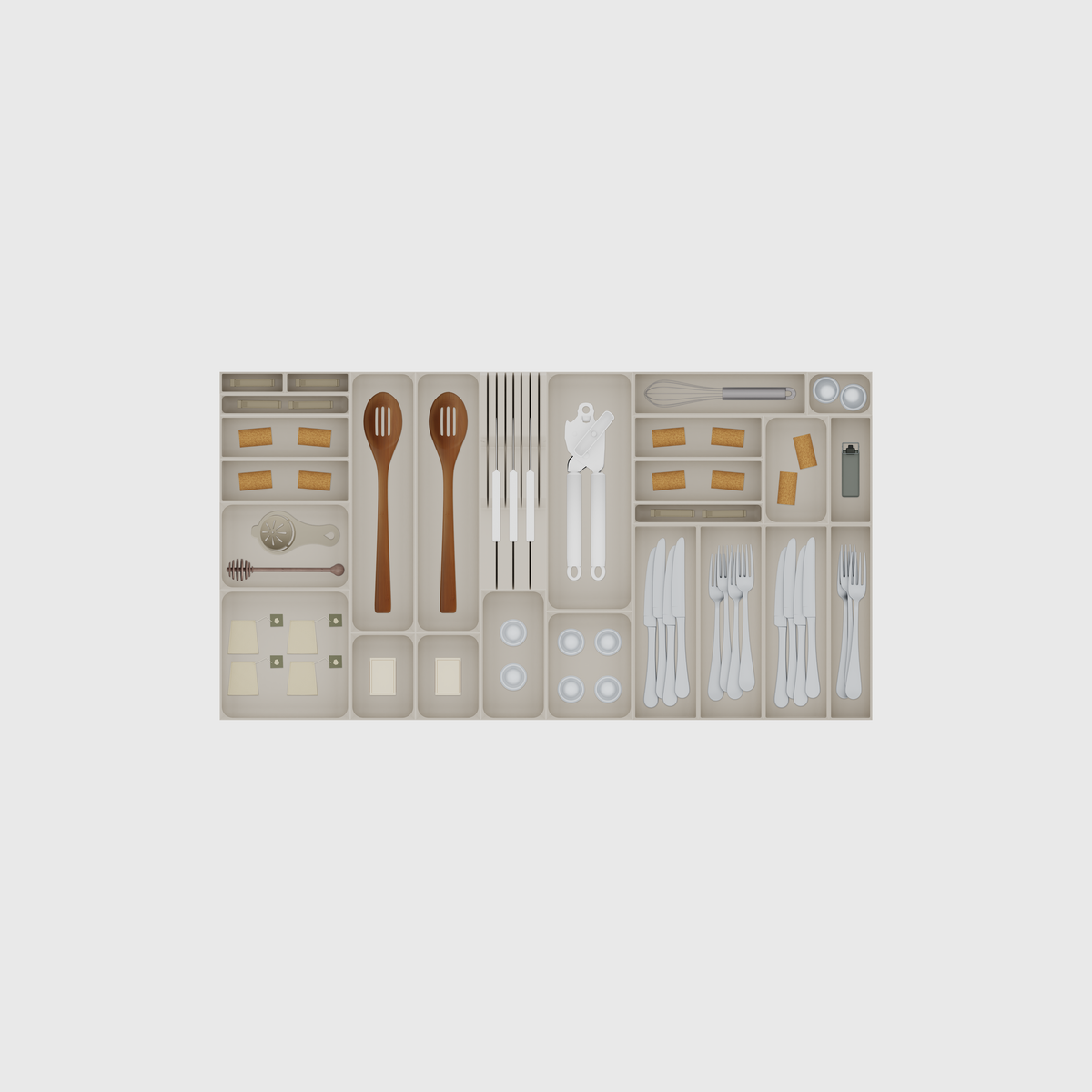 Wide Cutlery, Knives & Kitchen Tools Drawer Organiser Set – 885 × 472 mm in Muted White, shown with a sealing clip, sealing clips, wine corks and other small items. Top view.