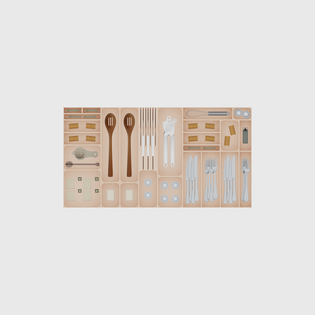 Wide Cutlery, Knives & Kitchen Tools Drawer Organiser Set – 885 × 472 mm in Army Beige, shown with a sealing clip, sealing clips, wine corks and other small items. Top view.