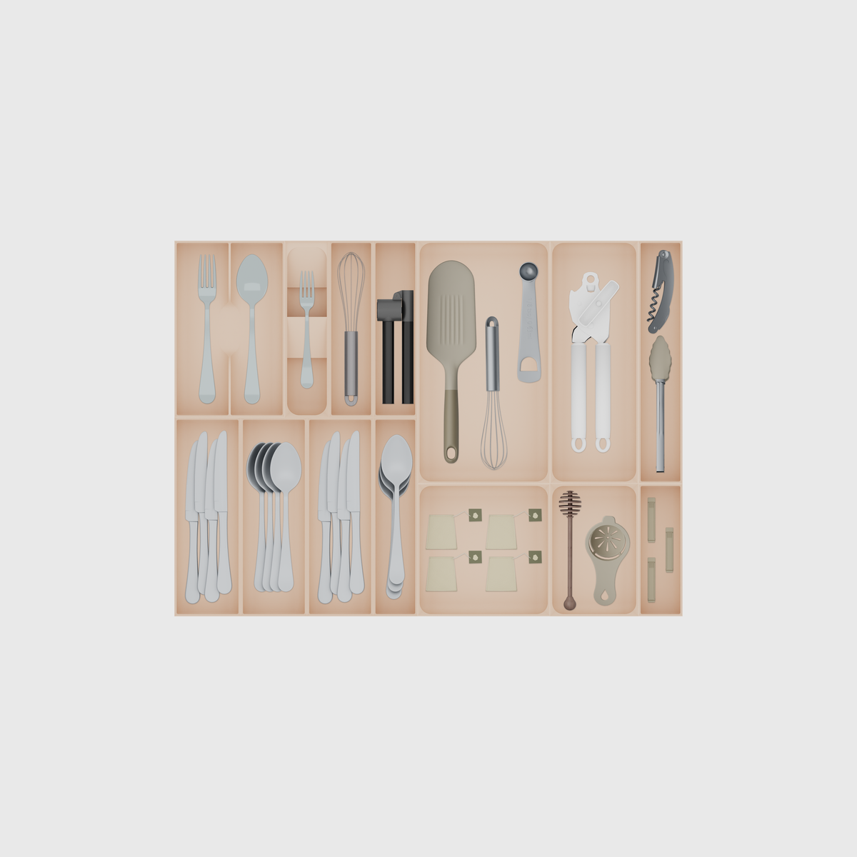 Wide Cutlery & Serving Tool Drawer Organiser Set – 678.5 × 501.5 mm in Army Beige, shown with a dinner fork and a soup spoon, a dessert fork, a whisk and other small items. Top view.