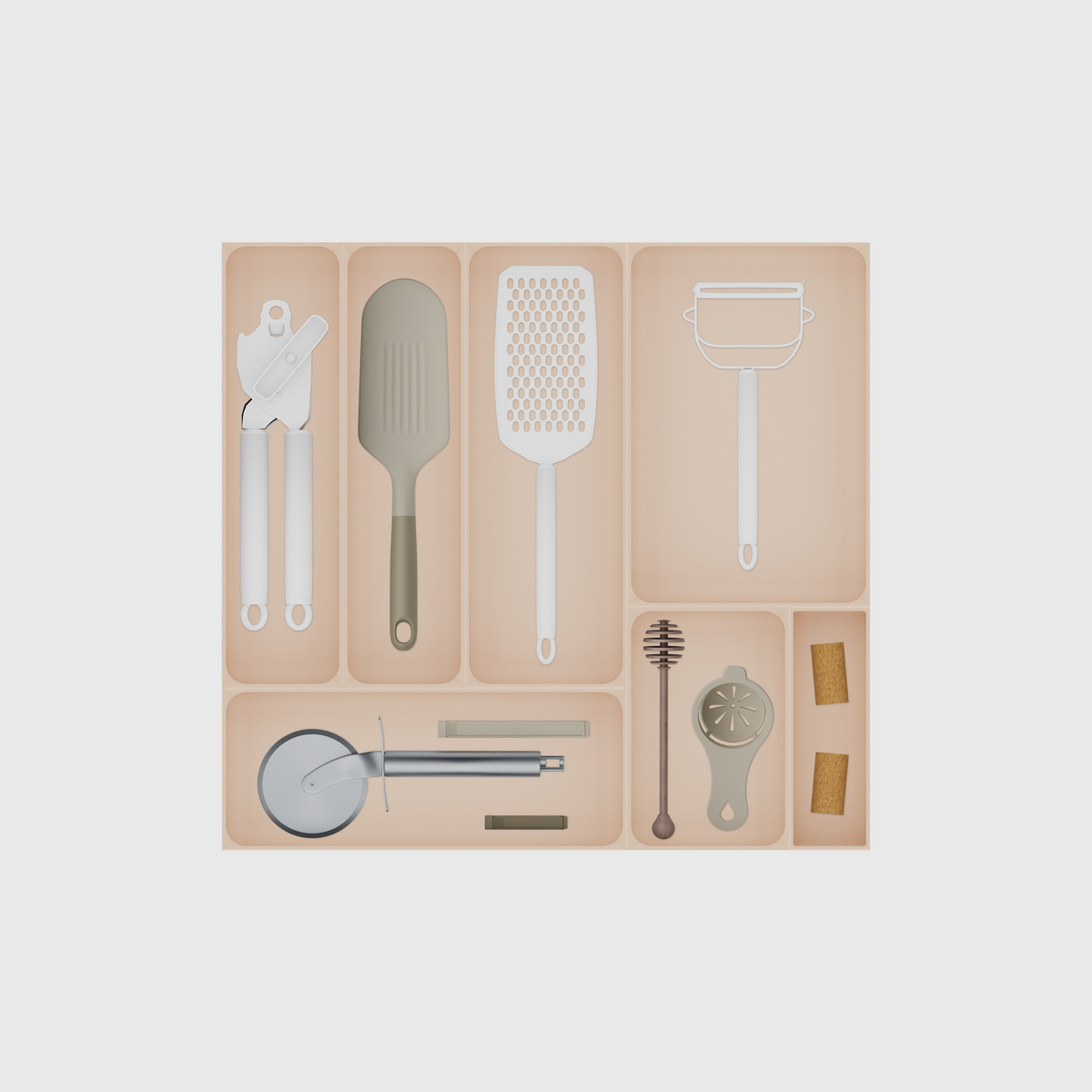 Wide Kitchen Tool Drawer Organiser Set – 442.5 × 472 mm in Army Beige, shown with a can opener, a slim spatula, a handheld grater and other small items. Top view.