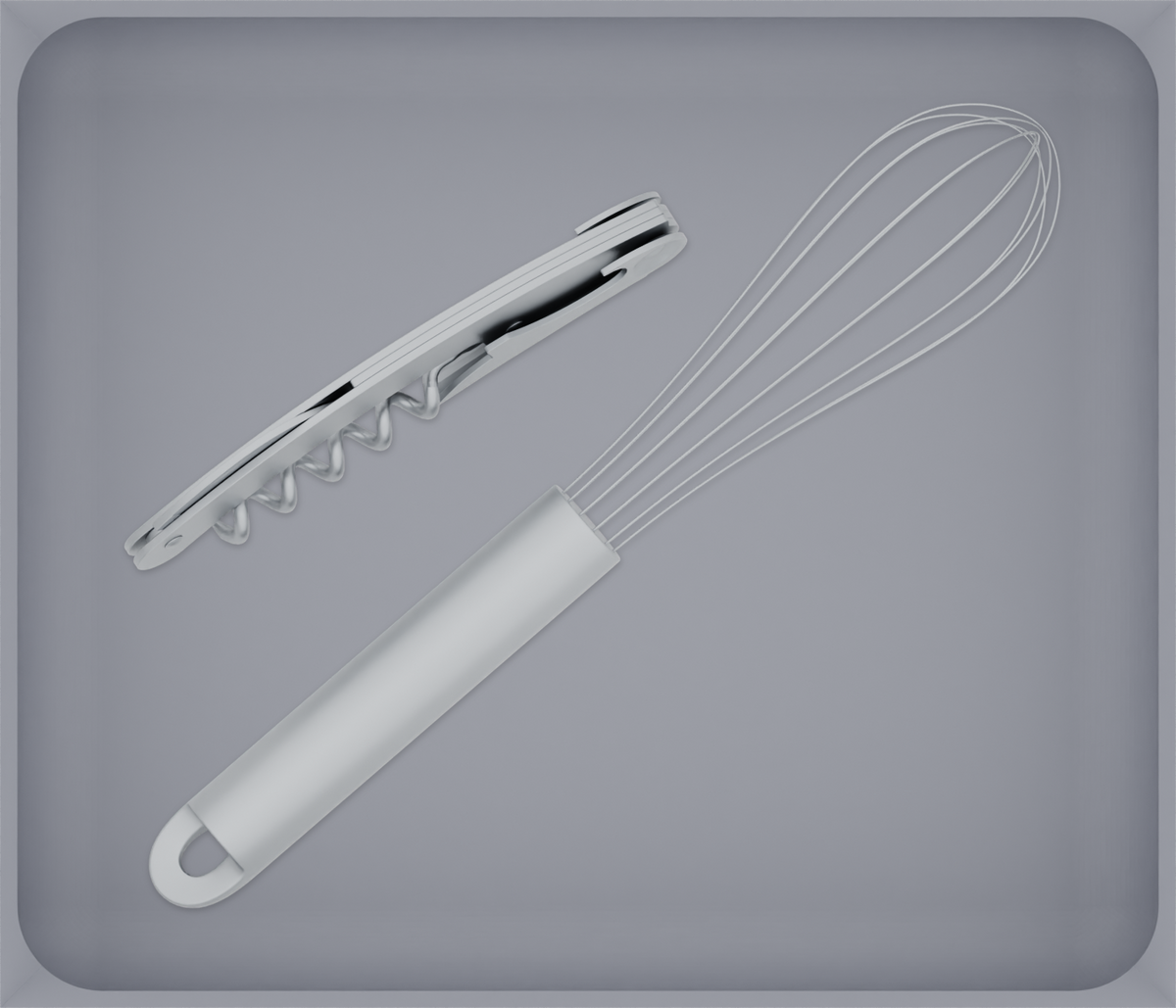 Wide tray organiser – 6×7 (177 × 206.5 mm) in Fossil Grey, shown with a whisk and a corkscrew. Top view.