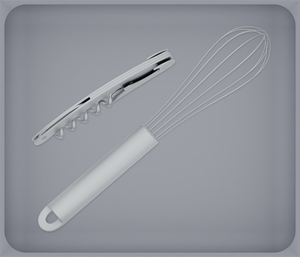 Wide tray organiser – 6×7 (177 × 206.5 mm) in Fossil Grey, shown with a whisk and a corkscrew. Top view.