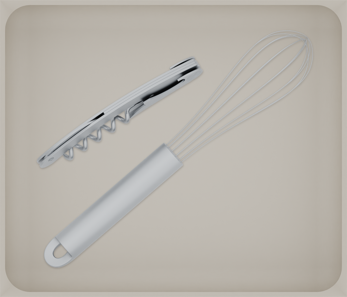 Wide tray organiser – 6×7 (177 × 206.5 mm) in Muted White, shown with a whisk and a corkscrew. Top view.
