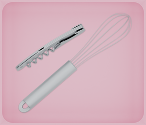 Wide tray organiser – 6×7 (177 × 206.5 mm) in Sakura Pink, shown with a whisk and a corkscrew. Top view.