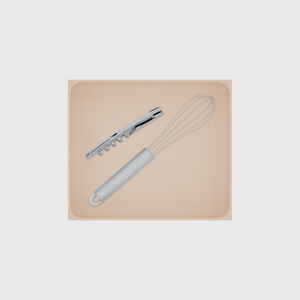 Wide tray organiser – 6×7 (177 × 206.5 mm) in Army Beige, shown with a whisk and a corkscrew. Top view.