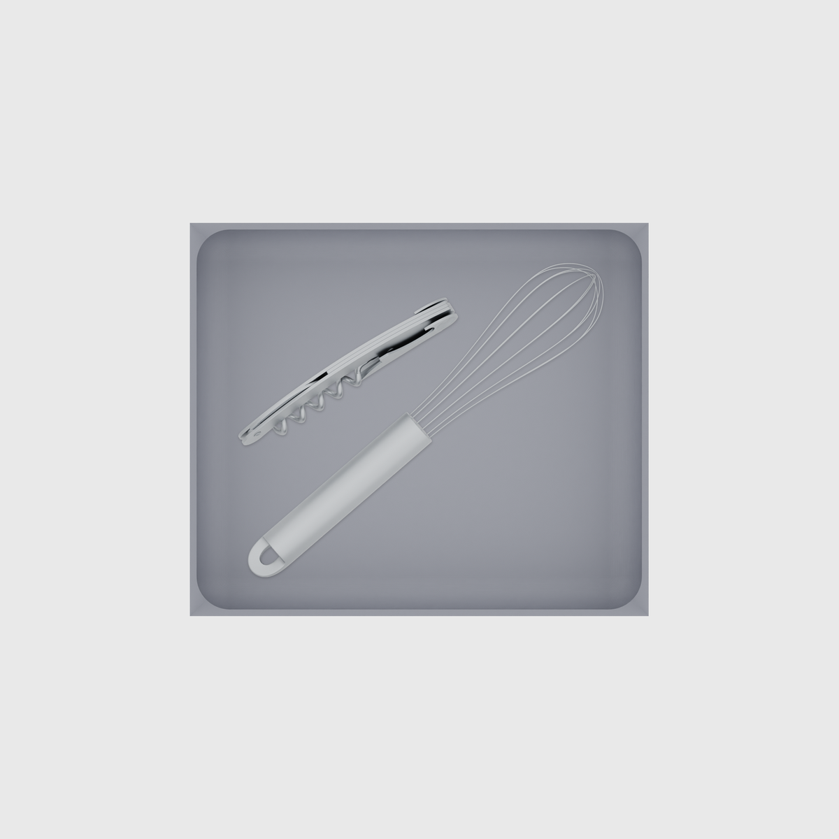 Wide tray organiser – 6×7 (177 × 206.5 mm) in Fossil Grey, shown with a whisk and a corkscrew. Top view.