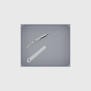 Wide tray organiser – 6×7 (177 × 206.5 mm) in Fossil Grey, shown with a whisk and a corkscrew. Top view.