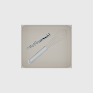 Wide tray organiser – 6×7 (177 × 206.5 mm) in Muted White, shown with a whisk and a corkscrew. Top view.